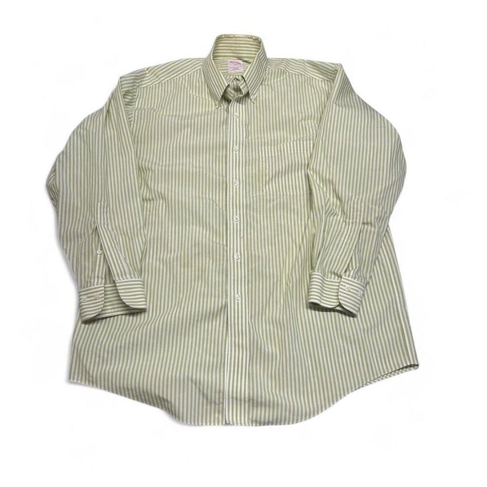 Brooks Brothers 346 Mens Green White Striped Non-Iron Cotton Shirt 16.5 2/3